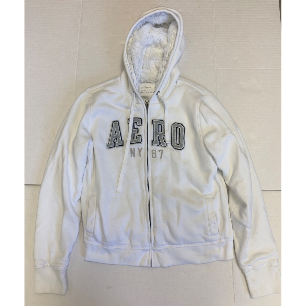 Aeropostale Fur Lined Full Zip Hoodie Womens XL White‎ Faux Y2K Coquette Cozy